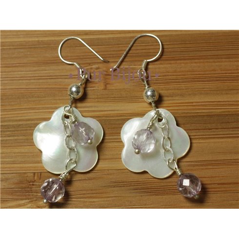 Boucles Argent 925 - Améthyste Facettée et Fleurs en Nacre