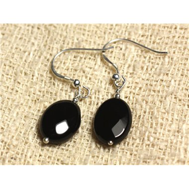 Boucles d'Oreilles Argent 925 - Onyx Noir Ovales facettés 14x10mm 