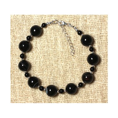 Bracelet en Agate Noire 10 mm Onyx Noir 4 mm et Perles d'Argent 925