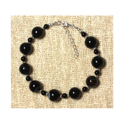 Bracelet en Agate Noire 10 mm Onyx Noir 4 mm et Perles d'Argent 925