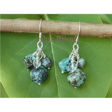 Boucles Argent 925 - Pierres Semi Précieuses - Turquoise d'Afrique et Cristal de Roche Argent Turquoise