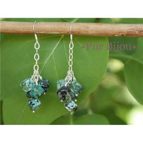 Boucles Argent 925 - Pierres Semi Précieuses - Turquoise d'Afrique et Cristal de Roche Argent Turquoise