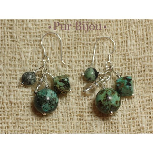 Boucles Argent 925 - Pierres Semi Précieuses - Turquoise d'Afrique et Cristal de Roche Argent Turquoise