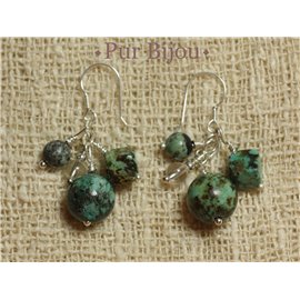 Boucles Argent 925 - Pierres Semi Précieuses - Turquoise d'Afrique et Cristal de Roche Argent Turquoise