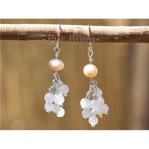 Boucles Argent 925 - Quartz Rose et Perles de Culture