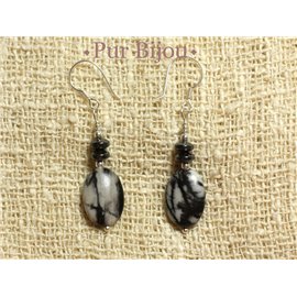 925 Silver Earrings - Semi Precious Stones - Zebra Jasper and Hematite