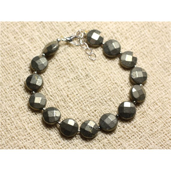 Bracelet Argent 925 et Pierre - Pyrite Palets Facettés 10mm 