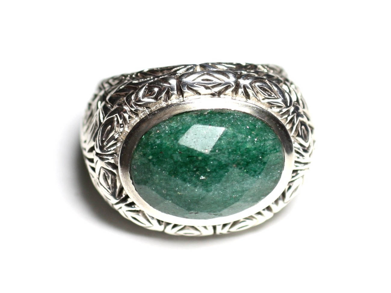 n114 - Bague Argent 925 et Pierre - Aventurine Ovale facetté 16x12mm 