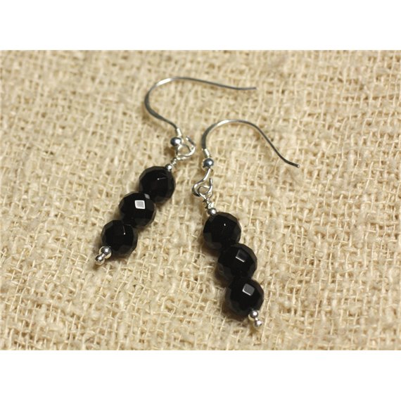 Boucles d'Oreilles Argent 925 - Onyx Noir perles rondes Facettées 6mm 