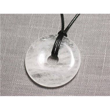 Collier Pendentif Pierre - Cristal de Roche Quartz Rond Cercle Donut Pi 40mm Blanc Transparent