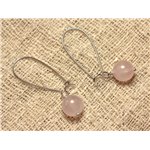 Boucles d'Oreilles Métal Argenté et Pierre - Quartz Rose 10mm