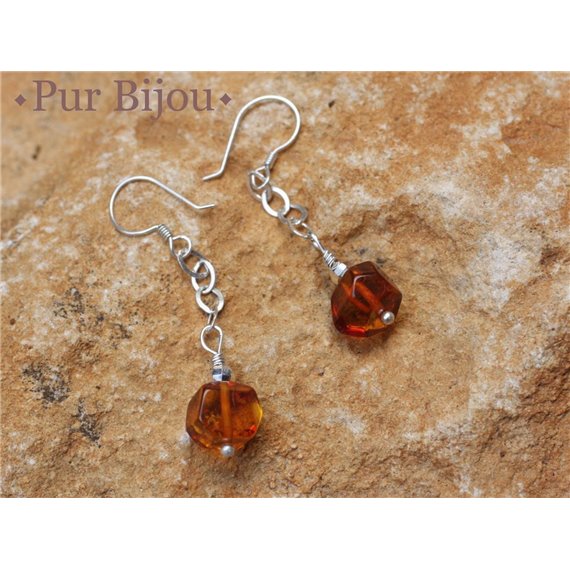 Boucles Argent 925 - Ambre Facettée 7mm Argent Orange / Bronze