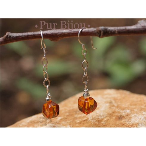 Boucles Argent 925 - Ambre Facettée 7mm Argent Orange / Bronze