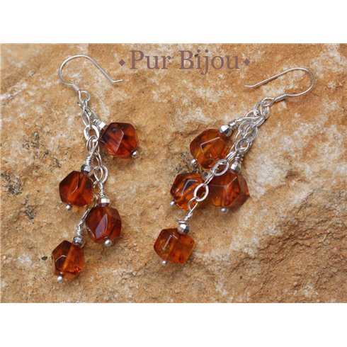 Boucles Argent 925 - Ambre Facettée 7mm Argent Orange / Bronze