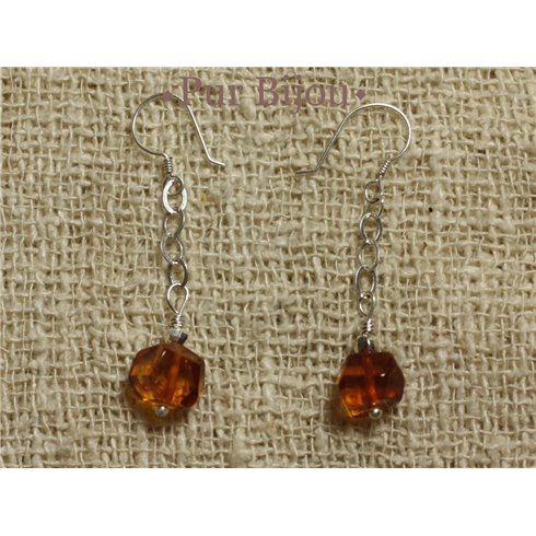 Boucles Argent 925 - Ambre Facettée 7mm Argent Orange / Bronze