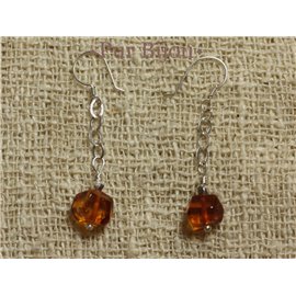 Boucles Argent 925 - Ambre Facettée 7mm Argent Orange / Bronze