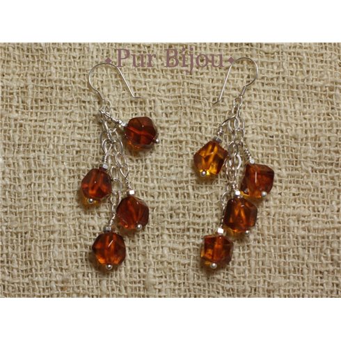 Boucles Argent 925 - Ambre Facettée 7mm Argent Orange / Bronze