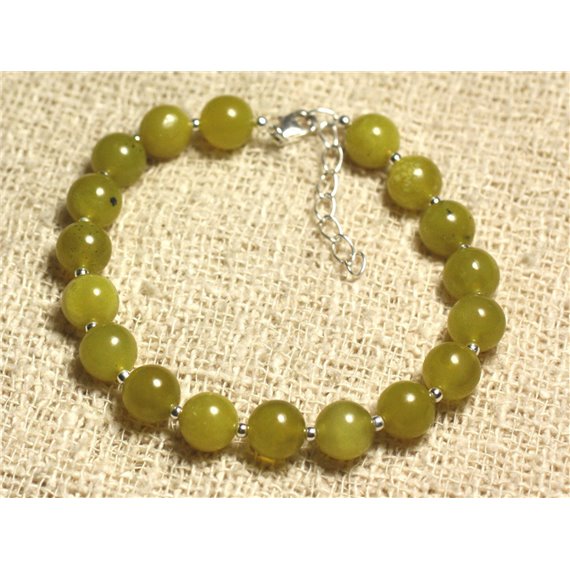 Bracelet Argent 925 et Pierre semi précieuse - Jade Olive 8mm