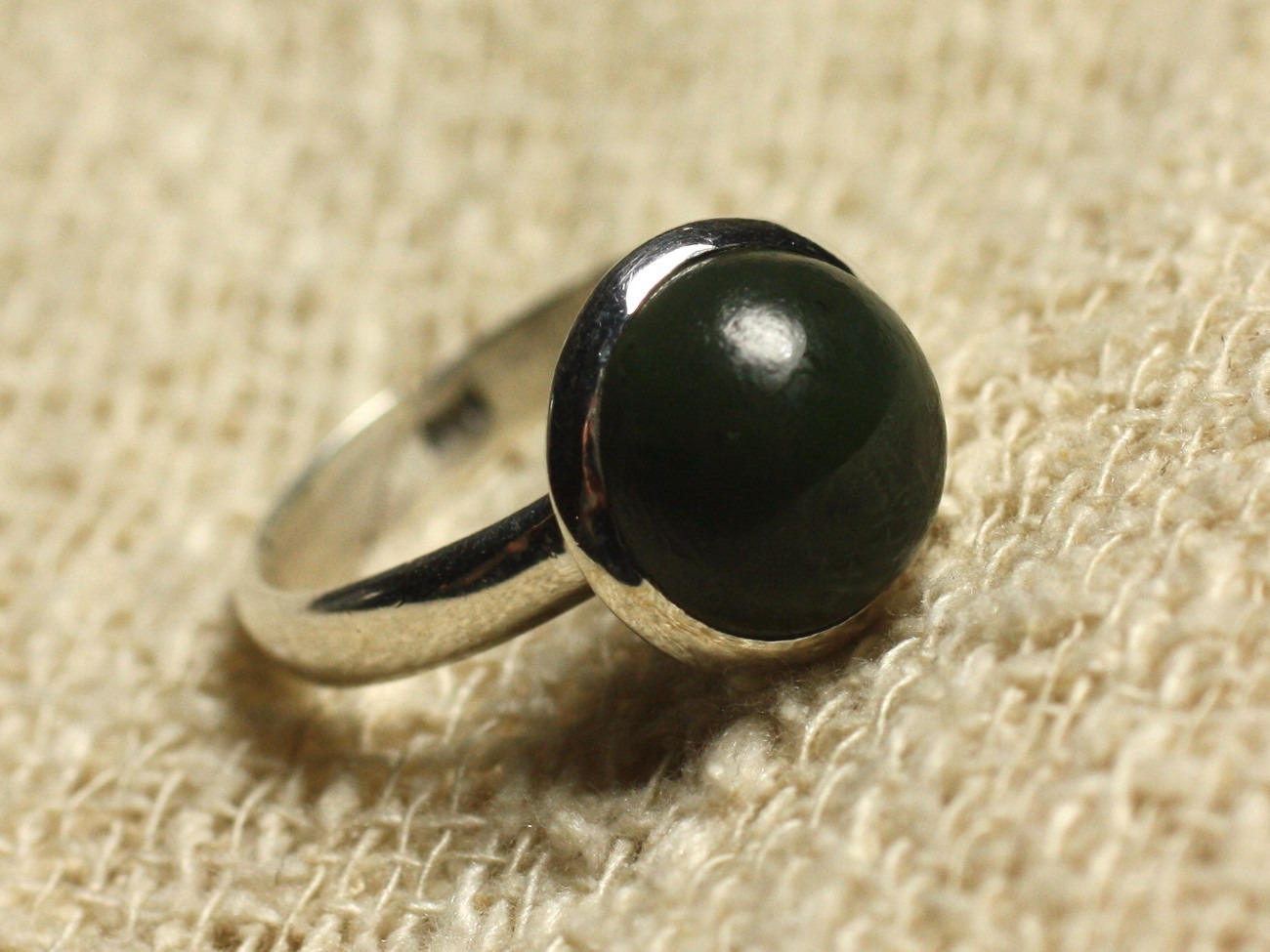 Bague Argent 925 Jade Canada Nephrite Rond 10mm Taille Réglable 