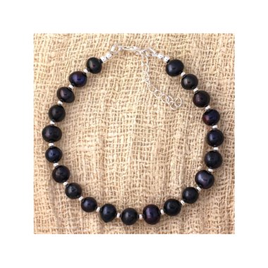 Bracelet en perles de culture noires et perles d'Argent 925