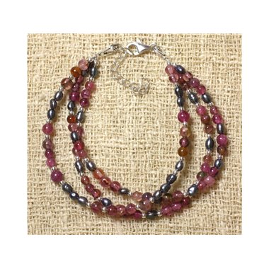 Bracelet Tourmaline Rose - Perles de Culture Noires et Argent 925