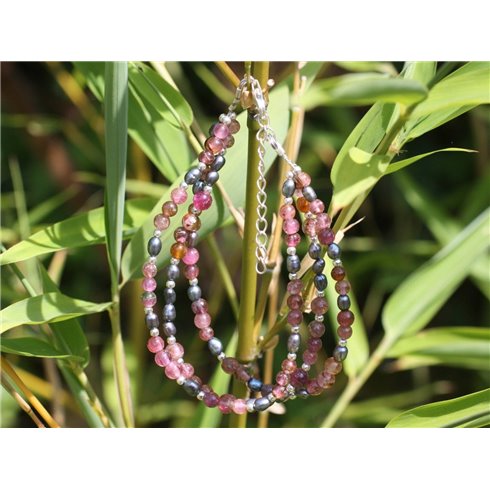 Bracelet Tourmaline Rose - Perles de Culture Noires et Argent 925