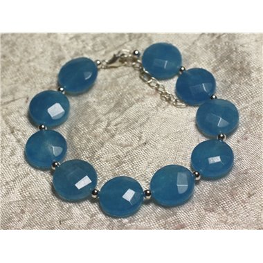 Bracelet Argent 925 et Pierre - Jade Bleue Palets Facettés 14mm