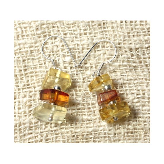 Boucles d'Oreilles Ambre Cognac et Miel Facettée et Argent 925 Ambre Orange / Bronze