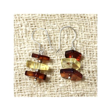 Boucles d'Oreilles Ambre Cognac et Miel Facettée et Argent 925 Ambre Orange / Bronze