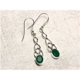 BO241 - 925 Silver and Emerald Stone Celtic Knot Earrings 36mm 