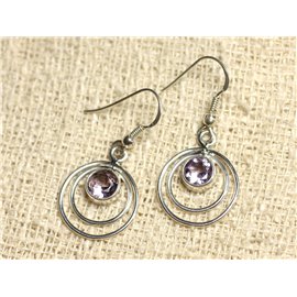 BO202 - Silver 925 Circles Earrings 16mm - Faceted Amethyst Round 6mm 