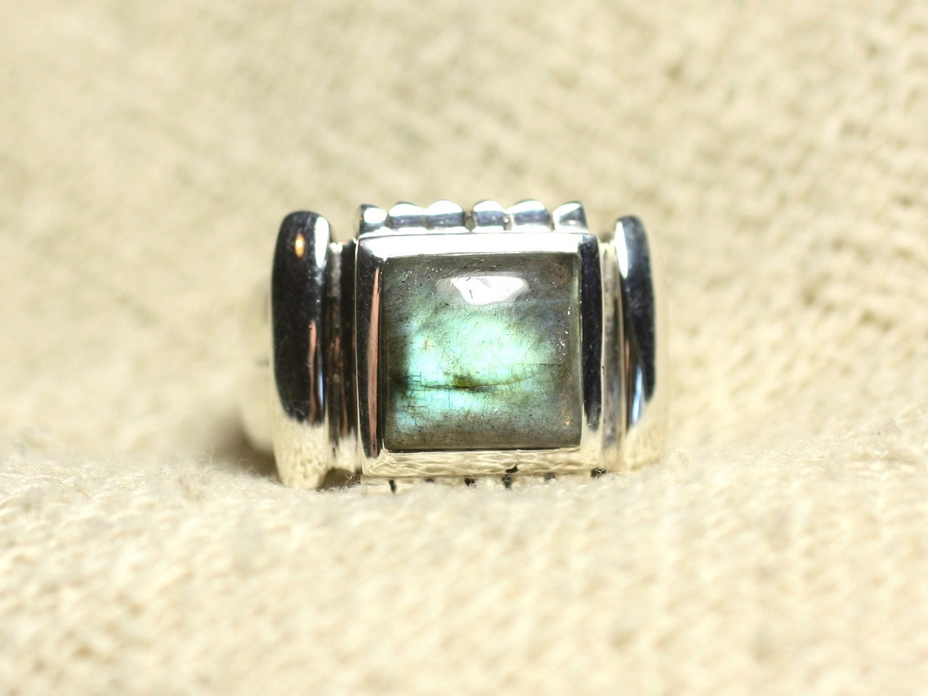N123 - Bague Argent 925 et Pierre - Labradorite Carré 10mm 