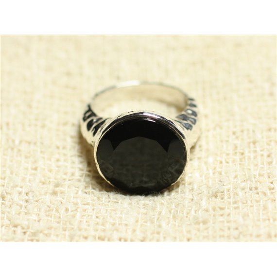 N120 - Bague Argent 925 et Pierre - Onyx noir Facetté Rond 15mm 