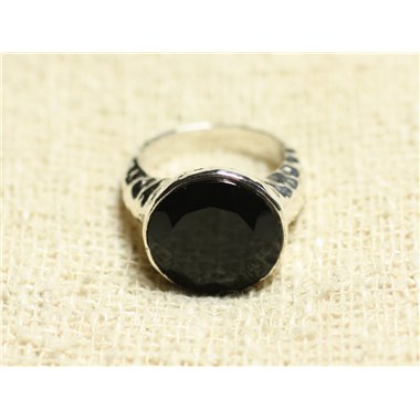 N120 - Bague Argent 925 et Pierre - Onyx noir Facetté Rond 15mm 