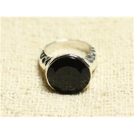 N120 - Anillo Plata 925 y Piedra - Ónix negro facetado Redondo 15mm 