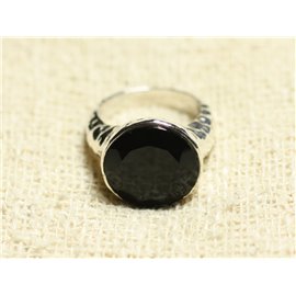 N120 - Ring Silver 925 and Stone - Faceted black onyx Round 15mm 