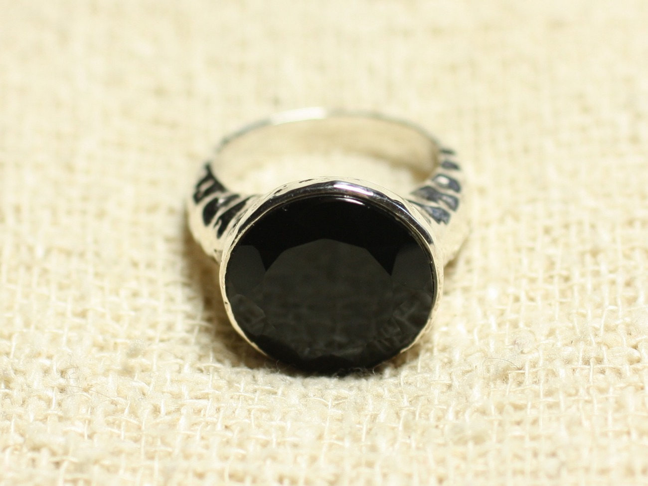 N120 - Bague Argent 925 et Pierre - Onyx noir Facetté Rond 15mm 