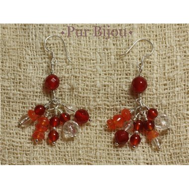 Boucles Argent 925 - Pierres Semi Précieuses - Cornaline et Cristal