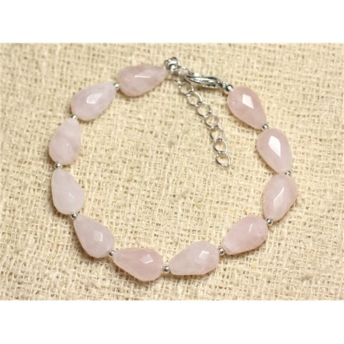 Bracelet Argent 925 et Pierre - Quartz Rose Gouttes Facettées 12mm 