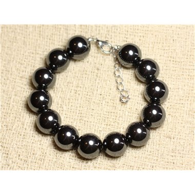 Bracelet Argent 925 et Pierre - Hématite Boules 12mm 