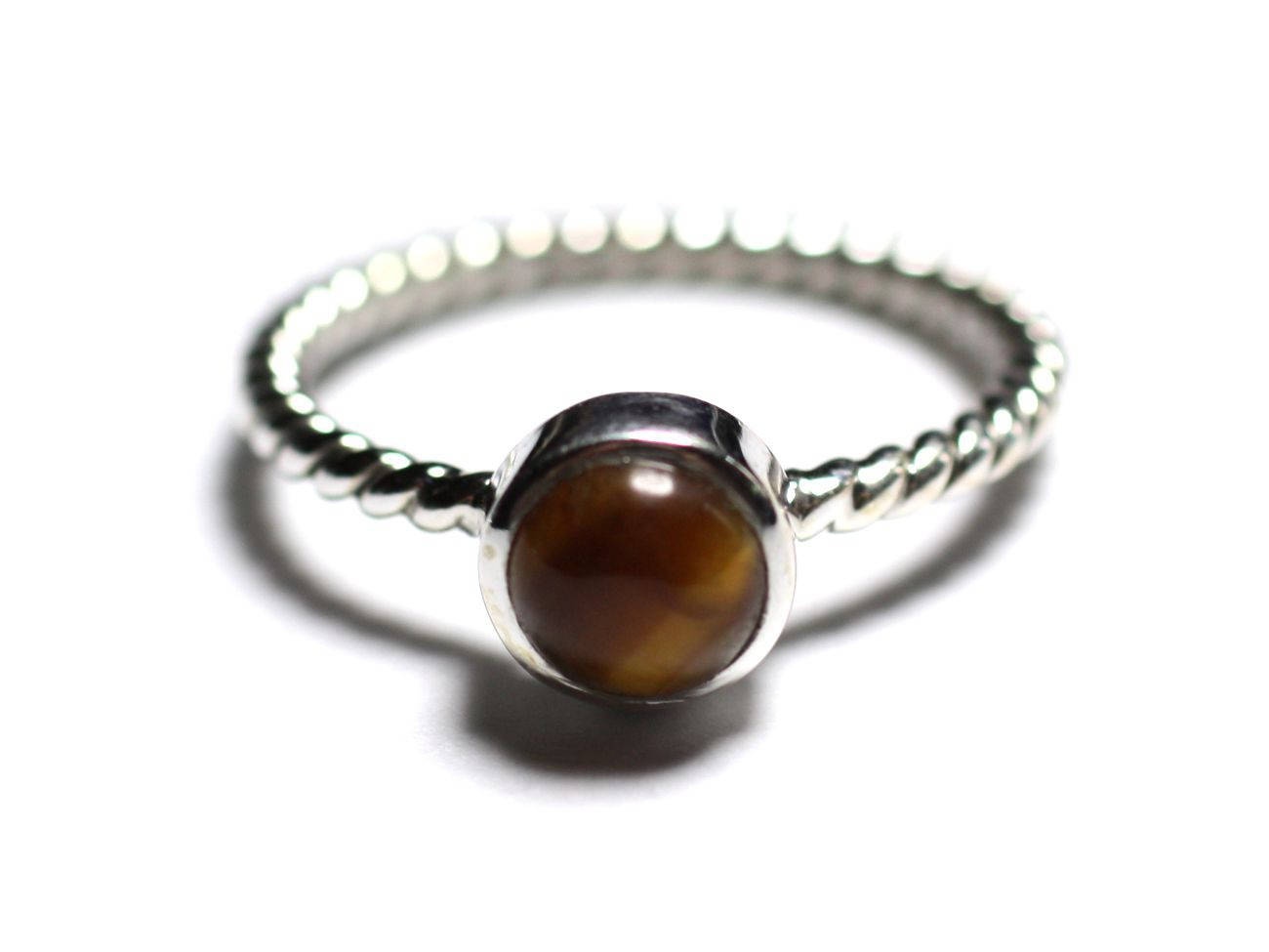 N231 - Bague Argent 925 et Pierre - Oeil de Tigre 6mm Anneau torsade 
