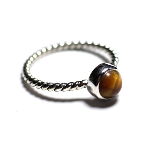 N231 - Bague Argent 925 et Pierre - Oeil de Tigre 6mm Anneau torsade