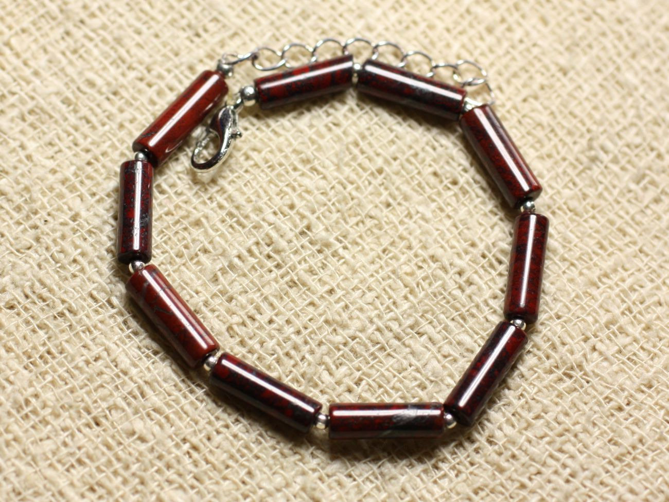 Bracelet Argent 925 et Pierre - Jaspe Rouge Poppy Tubes 13mm 