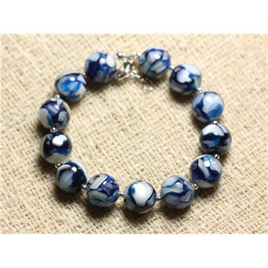 Bracelet Argent 925 Nacre et Résine 10mm Bleu et Blanc 