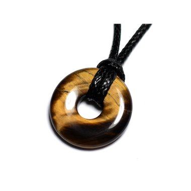 Collier Pendentif Pierre - Oeil de Tigre Rond Cercle Donut Pi 20mm Marron Bronze Doré Noir