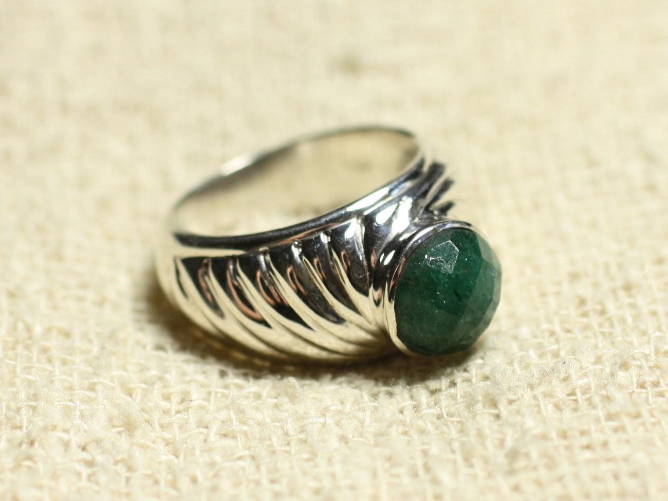 N121 - Bague Argent 925 et Pierre - Aventurine Verte Rond Facetté 9mm 