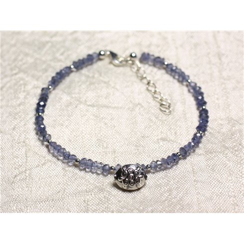 Bracelet Argent 925 et Pierre - Iolite Bleu clair rondelles facettées 3mm