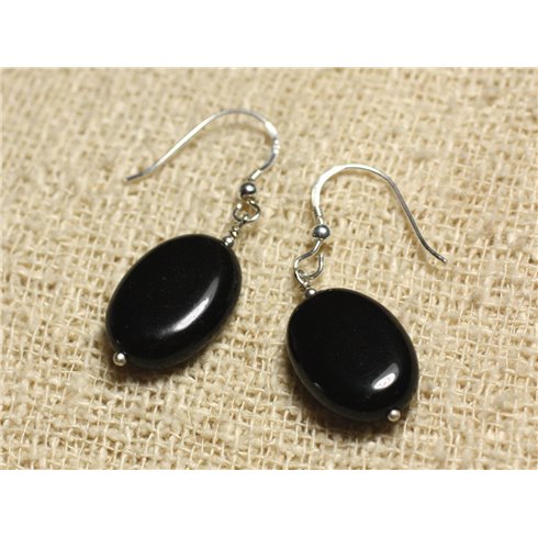 Boucles oreilles Argent 925 et Pierre Onyx noir Ovales 18x13mm