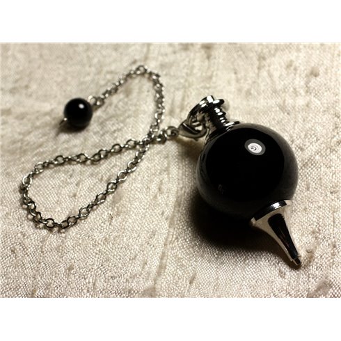 Pendule Métal Argenté Rhodium et Pierre semi précieuse - Agate noire Boule 25mm 