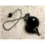 Pendule Métal Argenté Rhodium et Pierre semi précieuse - Agate noire Boule 25mm 